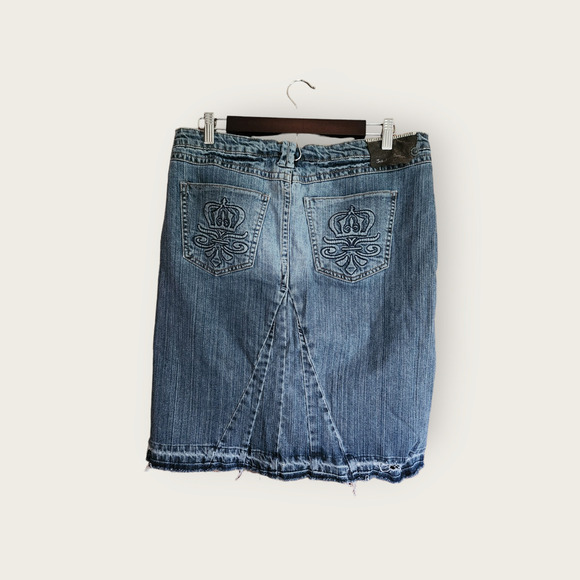 Industrial Cotton VTG Y2K Distressed Frayed Hemline Midi Denim Skirt Jrs Size 11 - Picture 2 of 12